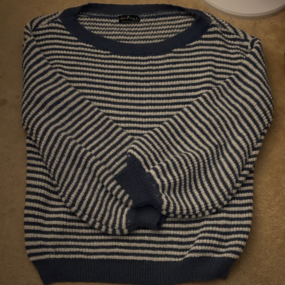 Navy and White Striped Women's Crewneck Sweater